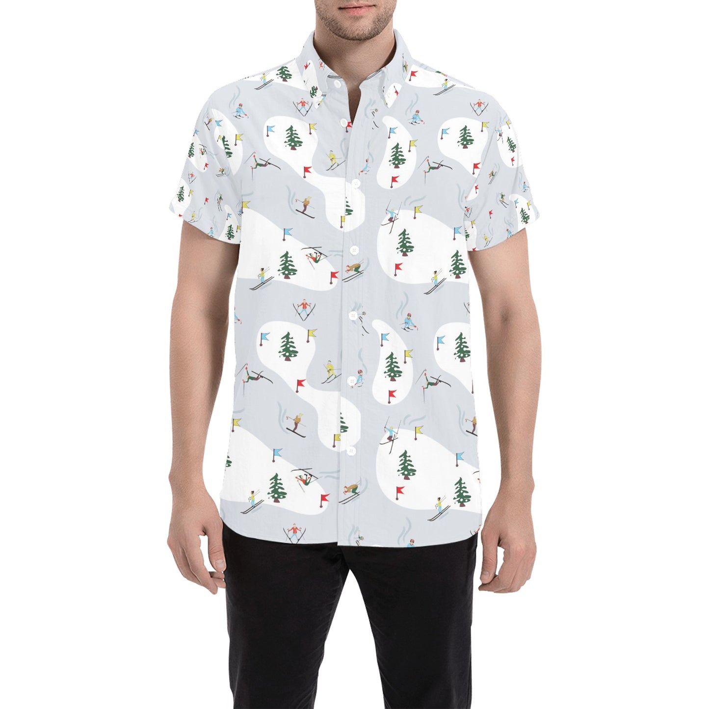 Ski Print Design LKS305 Men Short Sleeve Button Up Shirt