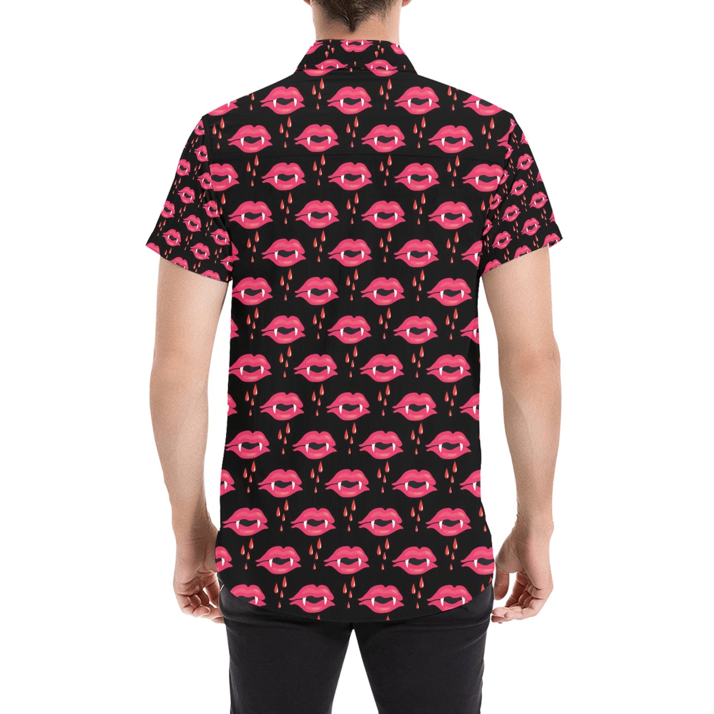 Vampire Lips Print Design LKS303 Men Short Sleeve Button Up Shirt