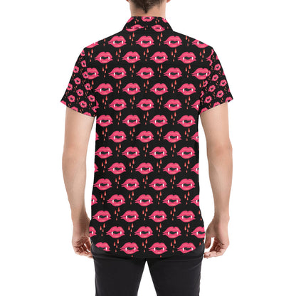 Vampire Lips Print Design LKS303 Men Short Sleeve Button Up Shirt