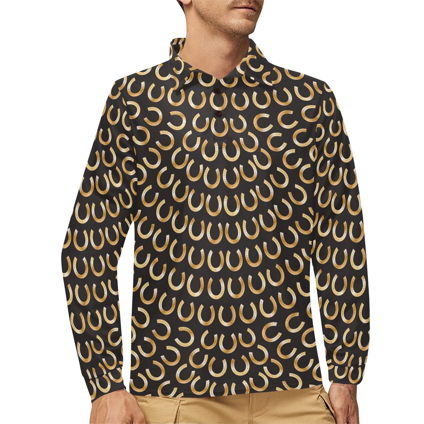Horseshoe Print Design LKS304 Long Sleeve Polo Shirt For Men's