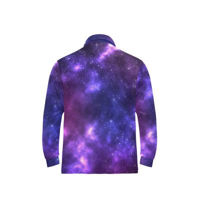 Celestial Purple Blue Galaxy Long Sleeve Polo Shirt For Men's