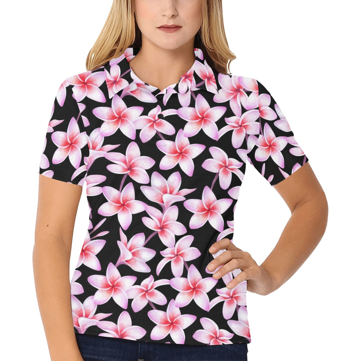 Pink Plumeria Pattern Print Design PM09 Women's Polo Shirt