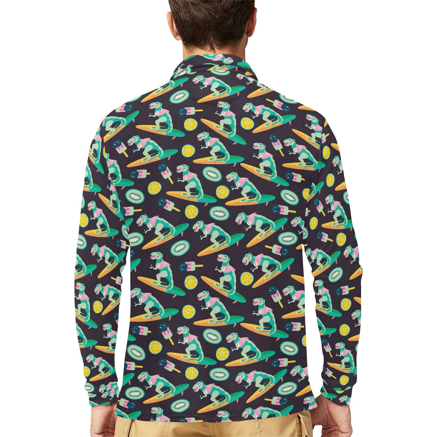 Surfboard T Rex Print Design LKS301 Long Sleeve Polo Shirt For Men's