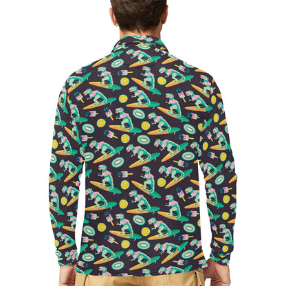 Surfboard T Rex Print Design LKS301 Long Sleeve Polo Shirt For Men's