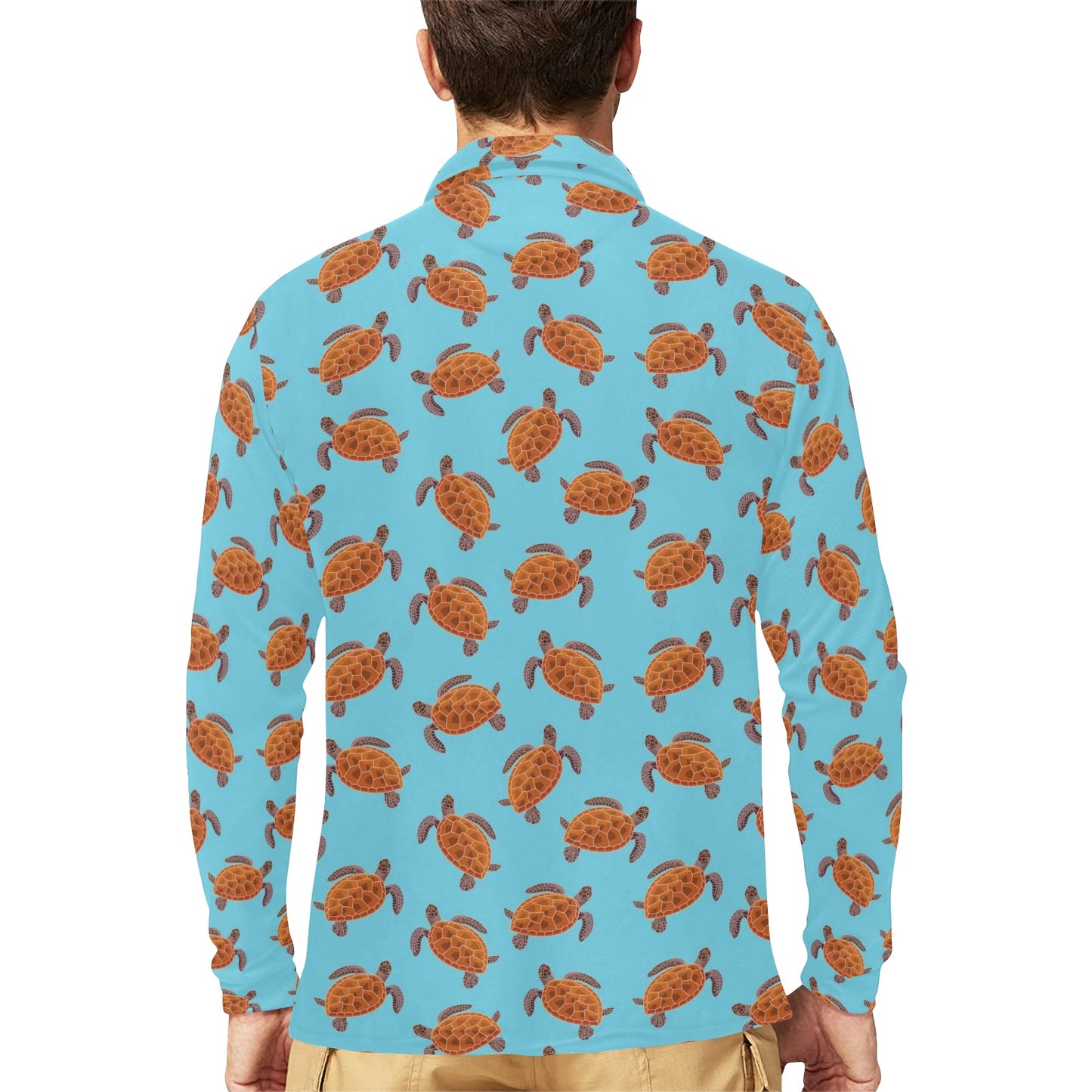 Brow Sea Turtle Print Pattern Long Sleeve Polo Shirt For Men's