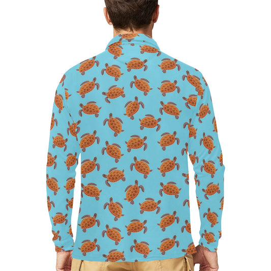 Brow Sea Turtle Print Pattern Long Sleeve Polo Shirt For Men's