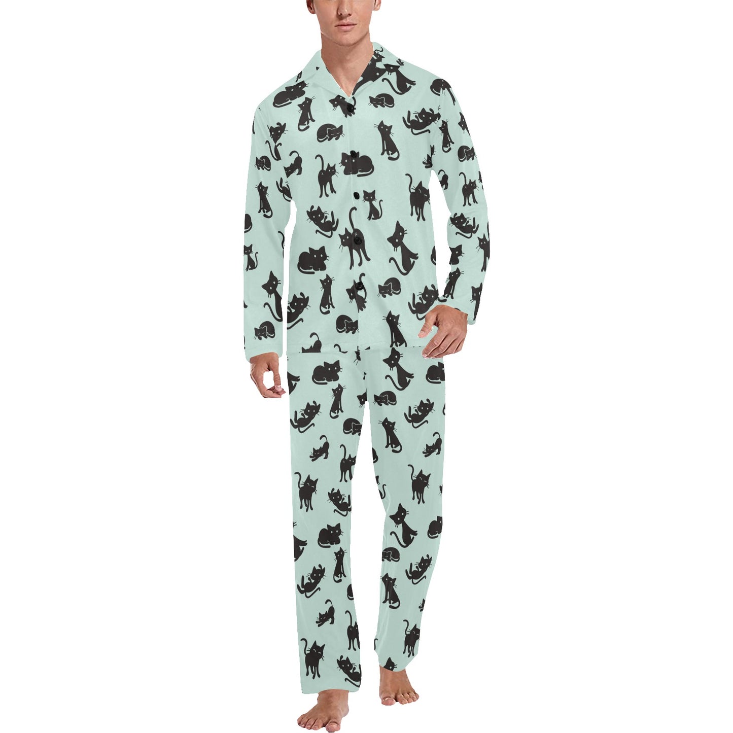 Black Cat Pattern Print Design 04 Men's Long Pajama Set