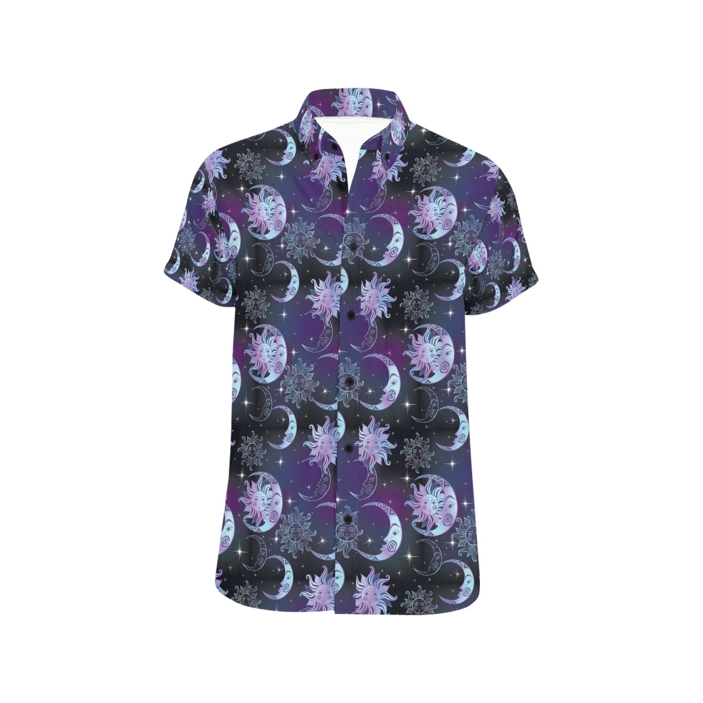 Sun Moon Print Design LKS303 Men Short Sleeve Button Up Shirt