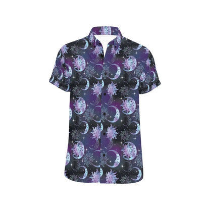 Sun Moon Print Design LKS303 Men Short Sleeve Button Up Shirt