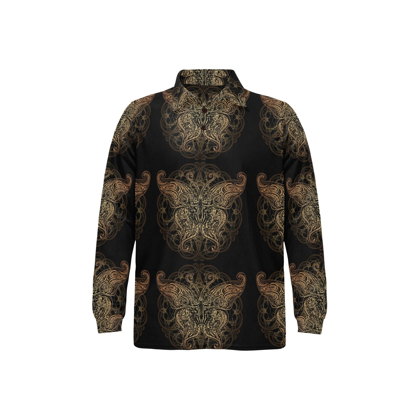 Gold Butterfly Ornamental Long Sleeve Polo Shirt For Men's