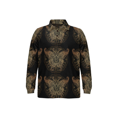 Gold Butterfly Ornamental Long Sleeve Polo Shirt For Men's