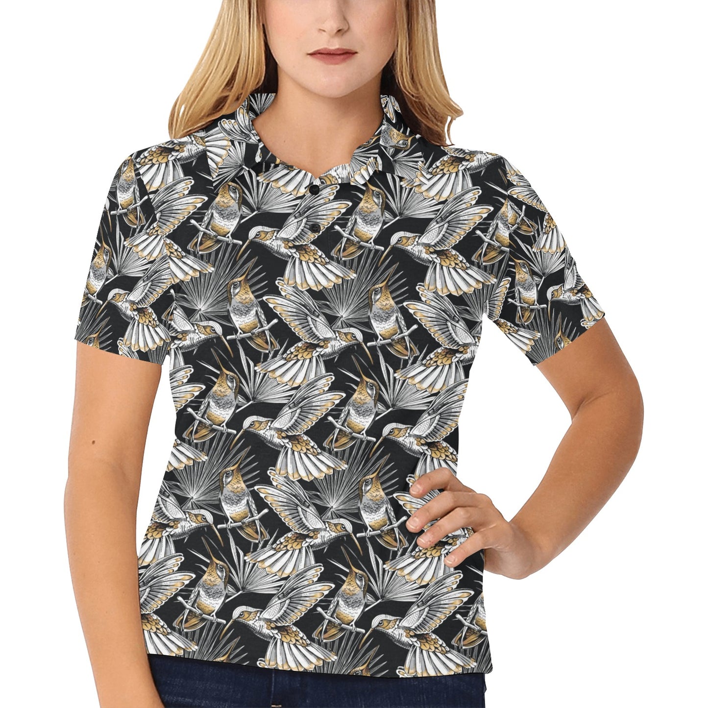Hummingbird Gold Design Themed Print Women's Polo Shirt