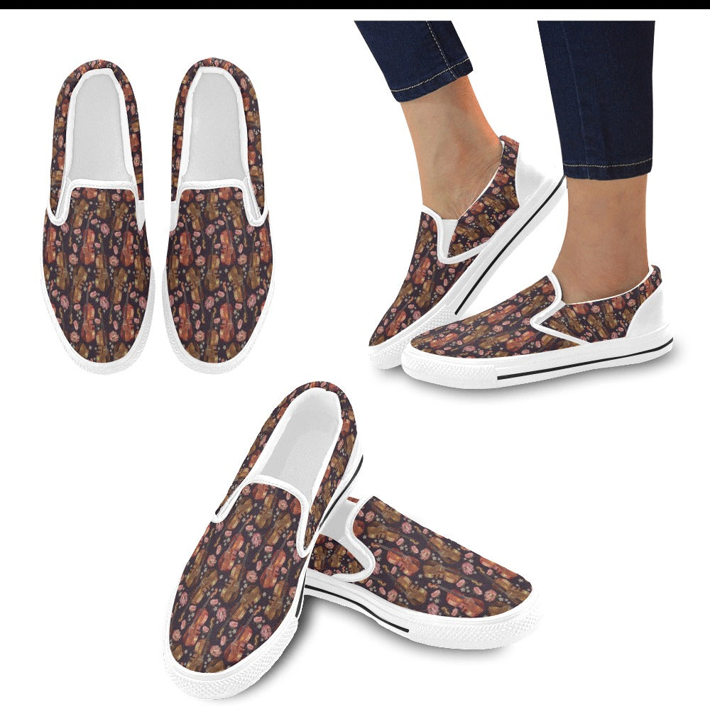 Violin Print Design LKS402 White Slip Ons Canvas Women's Shoes