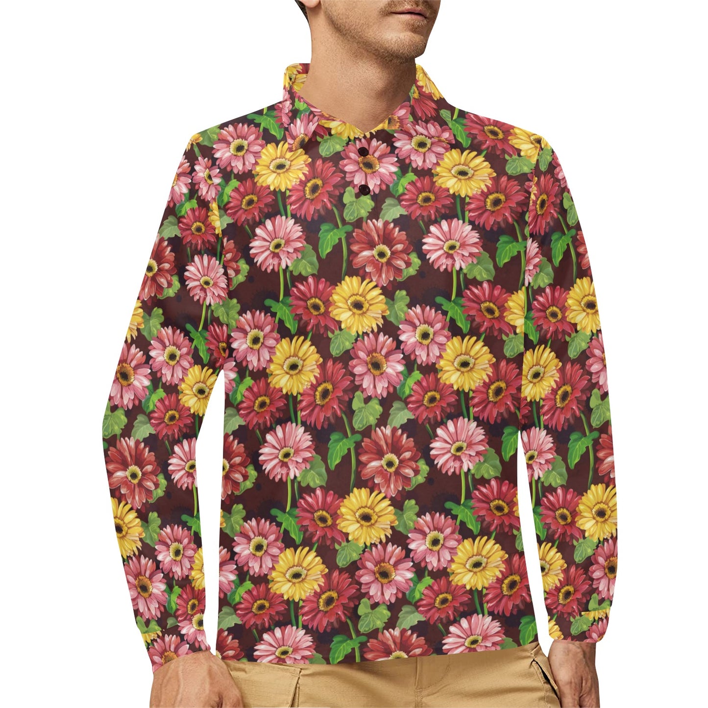 Daisy Gerbera Print Pattern Long Sleeve Polo Shirt For Men's