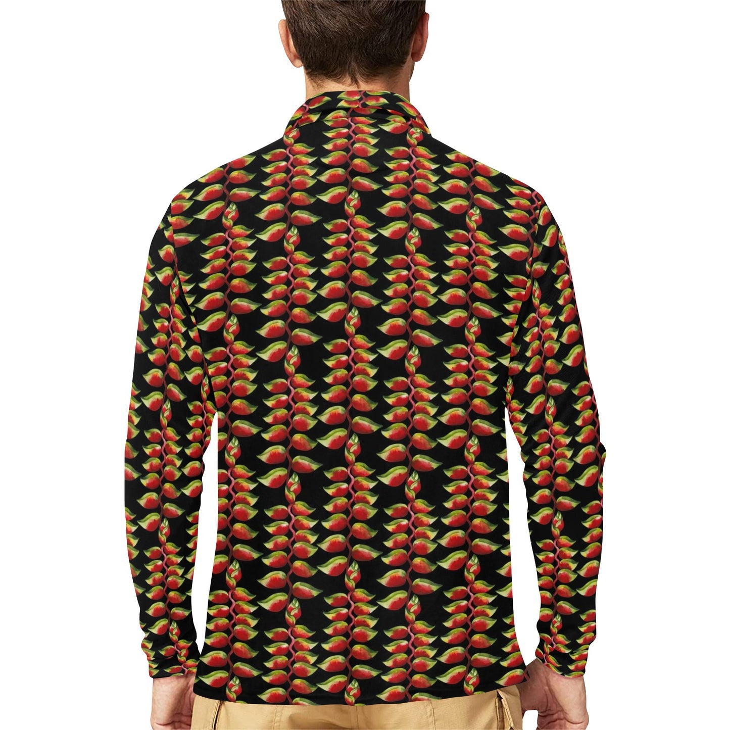 Heliconia Pattern Print Design HL05 Long Sleeve Polo Shirt For Men's