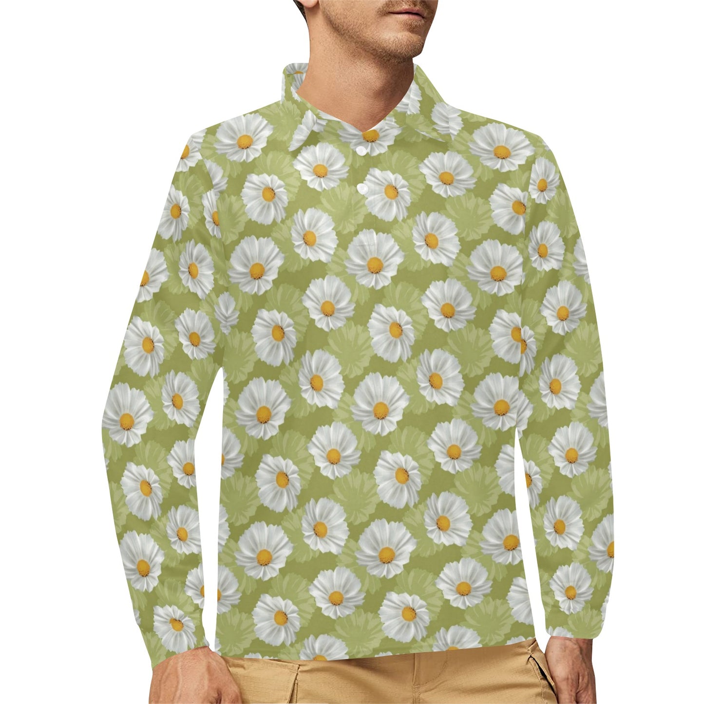 Daisy Pattern Print Design DS06 Long Sleeve Polo Shirt For Men's