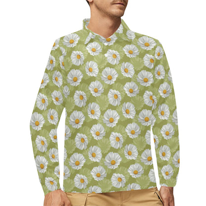 Daisy Pattern Print Design DS06 Long Sleeve Polo Shirt For Men's