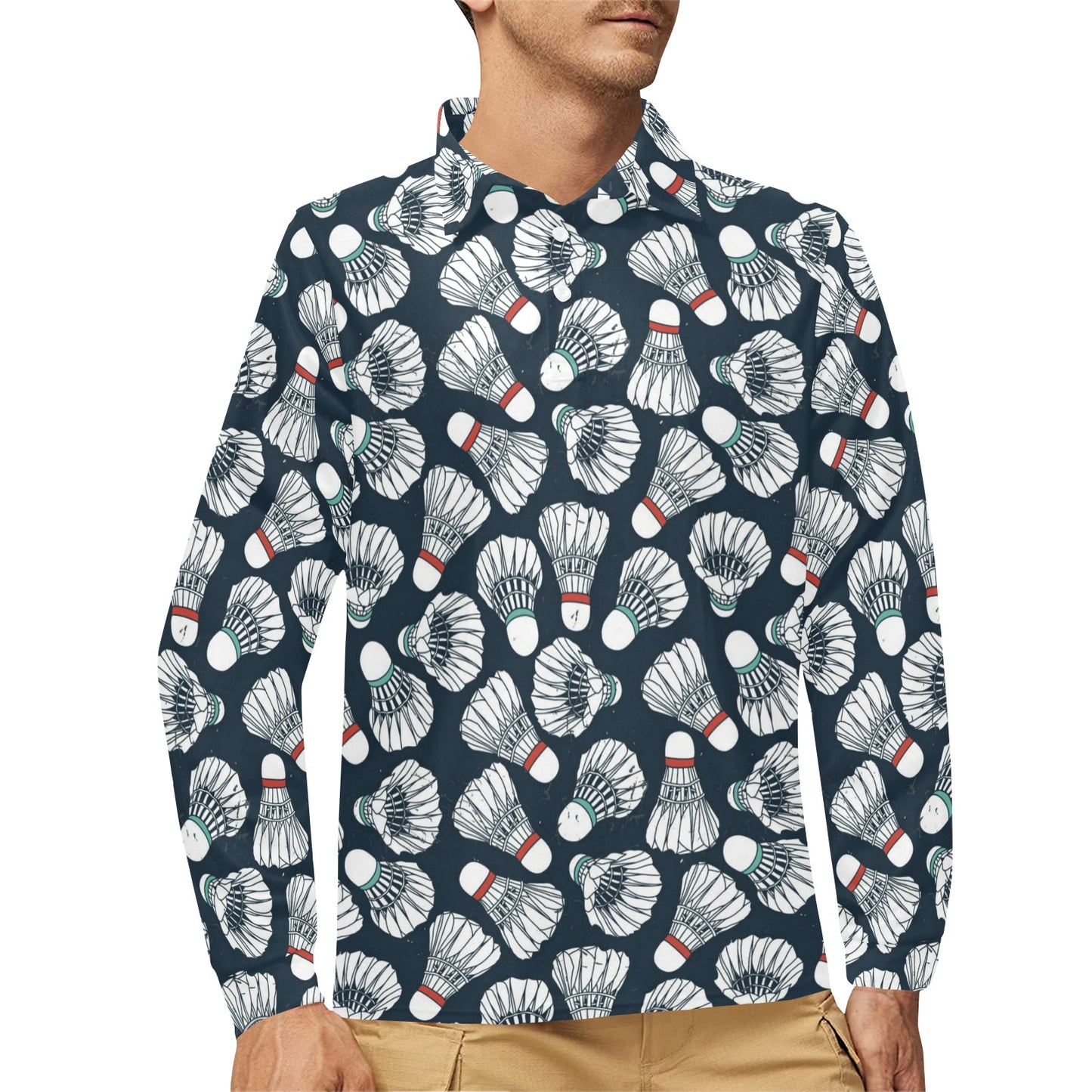Badminton Ball Pattern Print Design 01 Long Sleeve Polo Shirt For Men's
