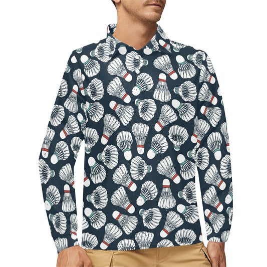 Badminton Ball Pattern Print Design 01 Long Sleeve Polo Shirt For Men's