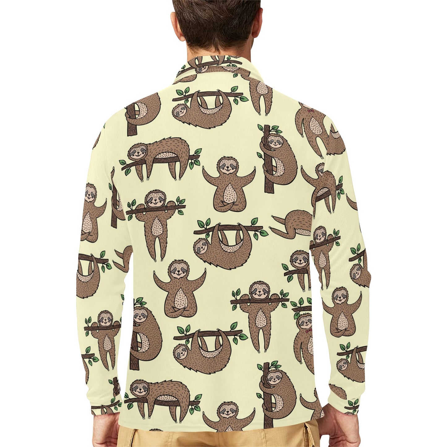 Sloth Print Design LKS3010 Long Sleeve Polo Shirt For Men's