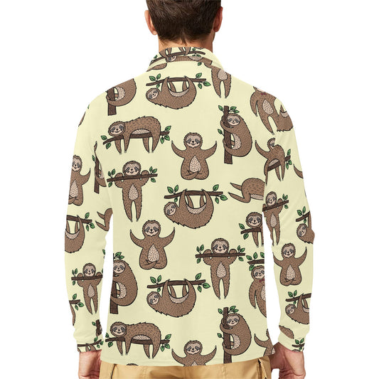 Sloth Print Design LKS3010 Long Sleeve Polo Shirt For Men's