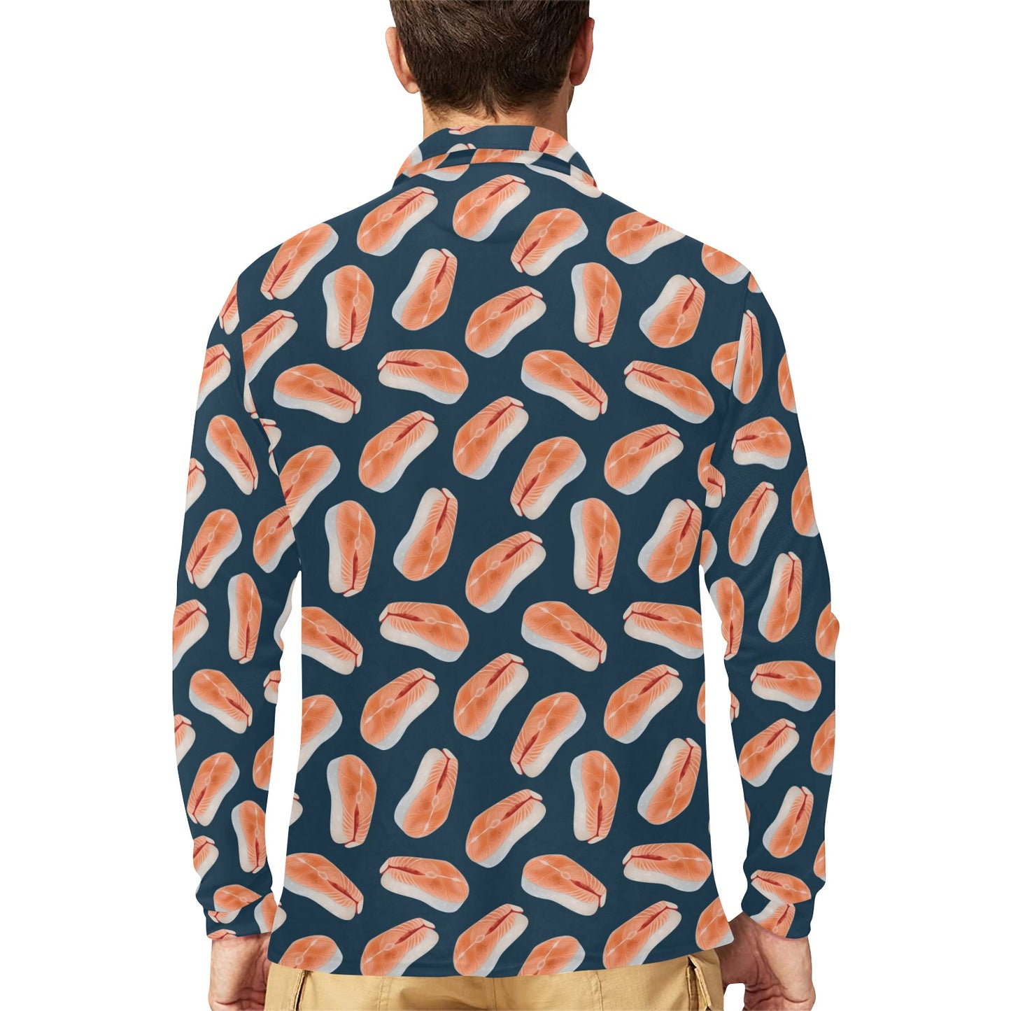 Salmon Steak Print Design LKS306 Long Sleeve Polo Shirt For Men's