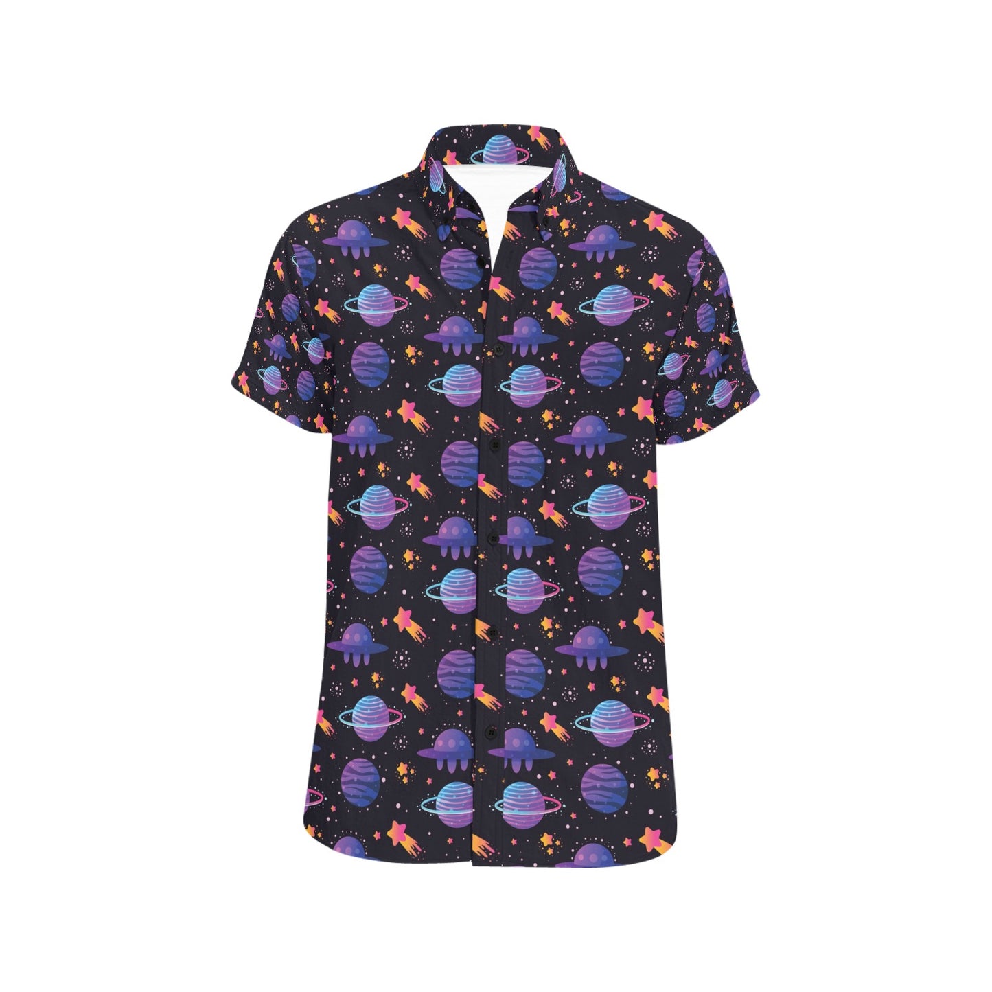 UFO Star Galaxy Print Design LKS308 Men Short Sleeve Button Up Shirt
