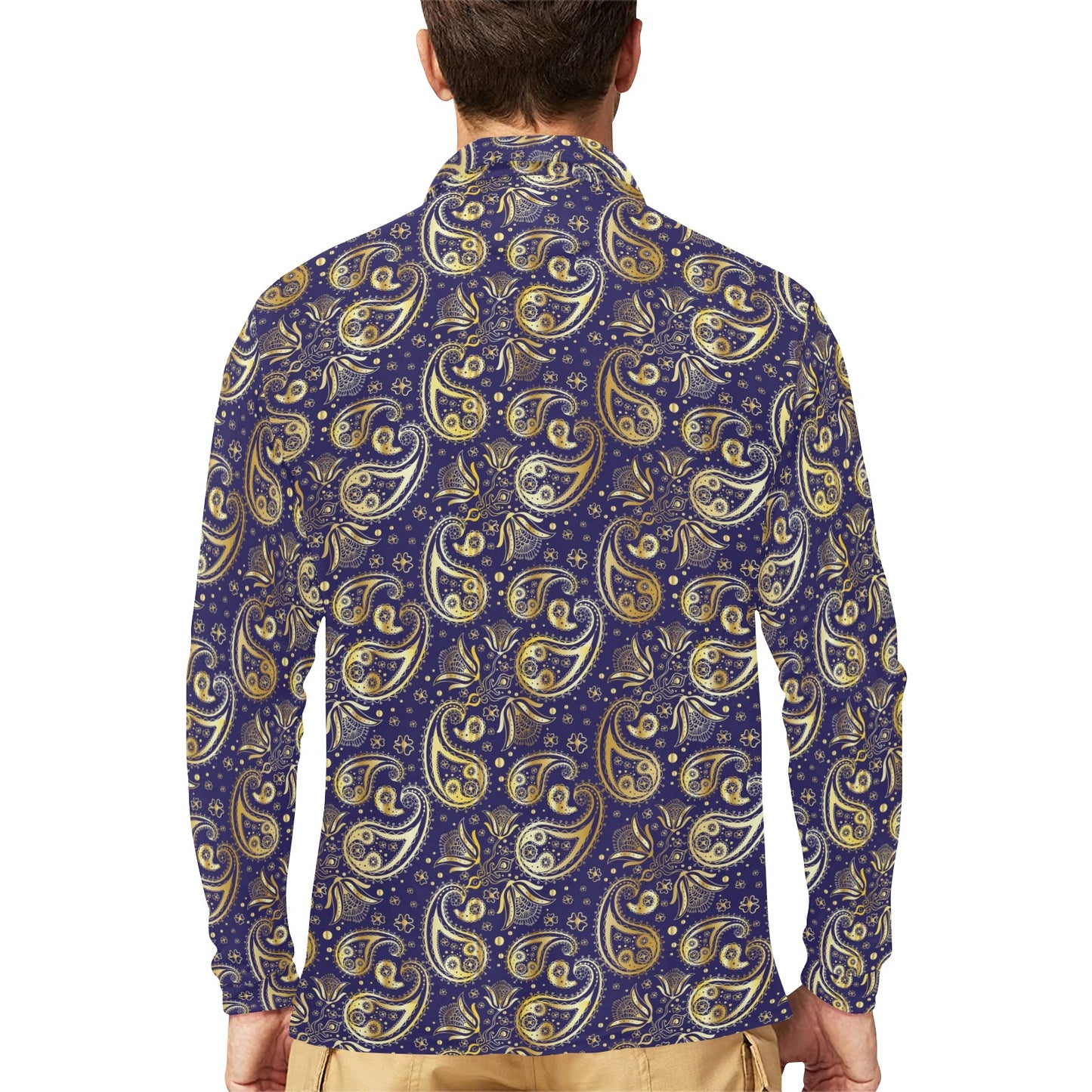 Paisley Blue Yellow Design Print Long Sleeve Polo Shirt For Men's