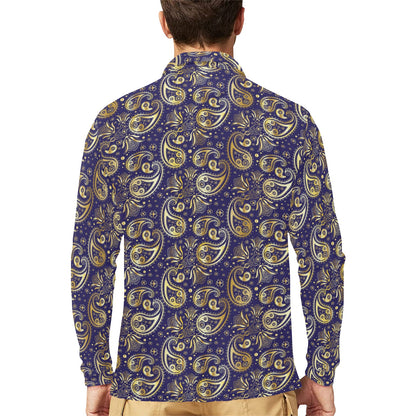 Paisley Blue Yellow Design Print Long Sleeve Polo Shirt For Men's