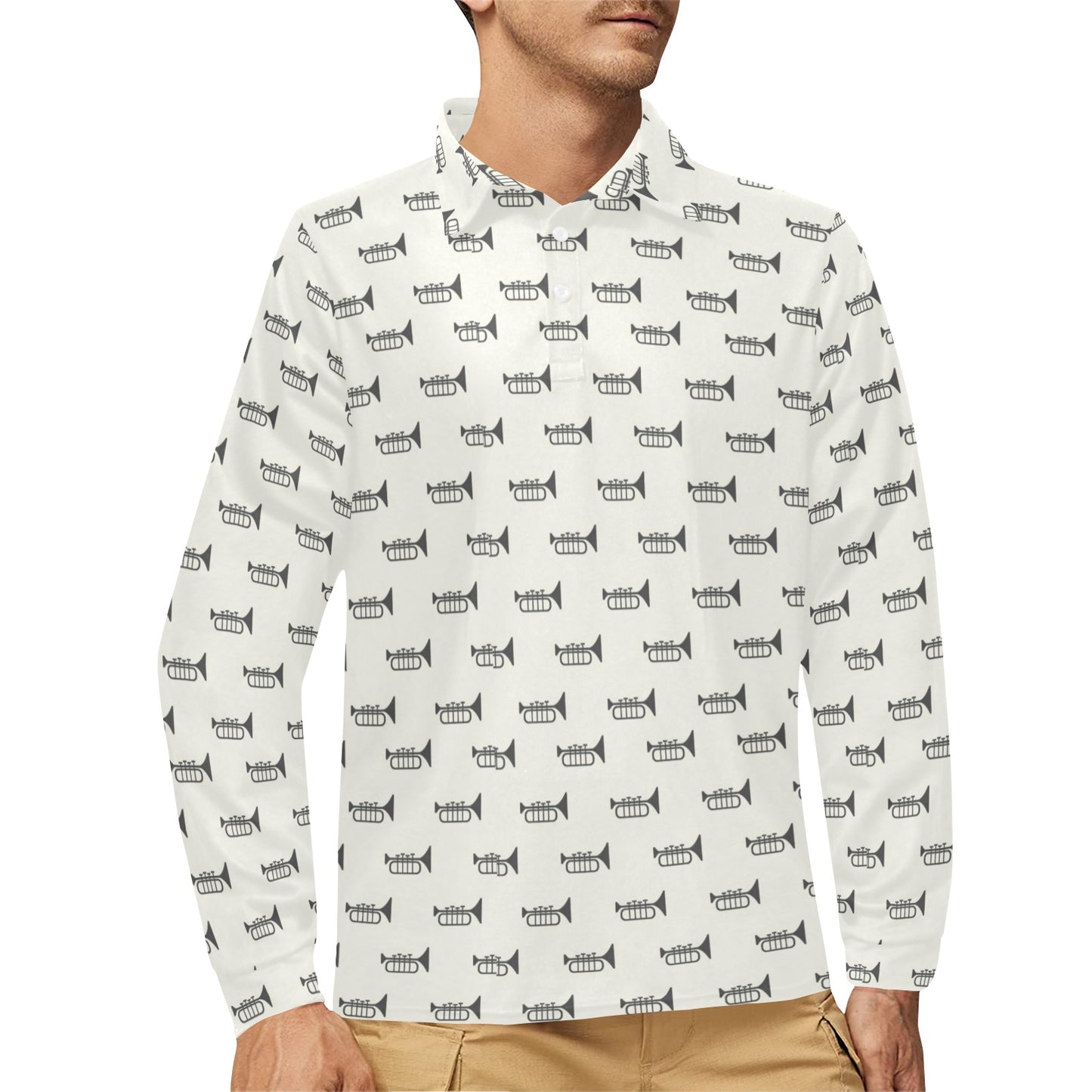 Trumpet Pattern Themed Print Long Sleeve Polo Shirt For Men's