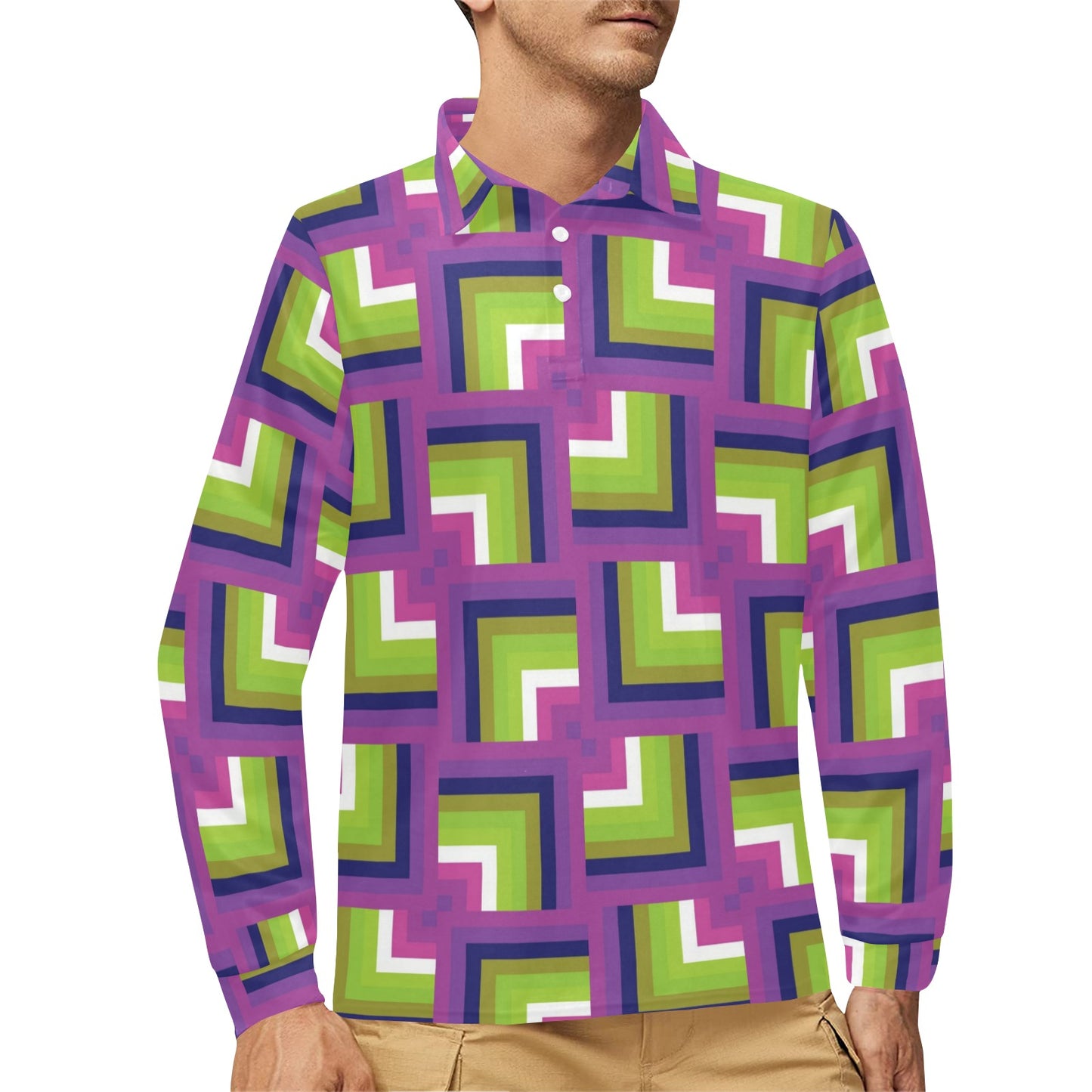 Optical illusion Pattern Print Design A05 Long Sleeve Polo Shirt For Men's