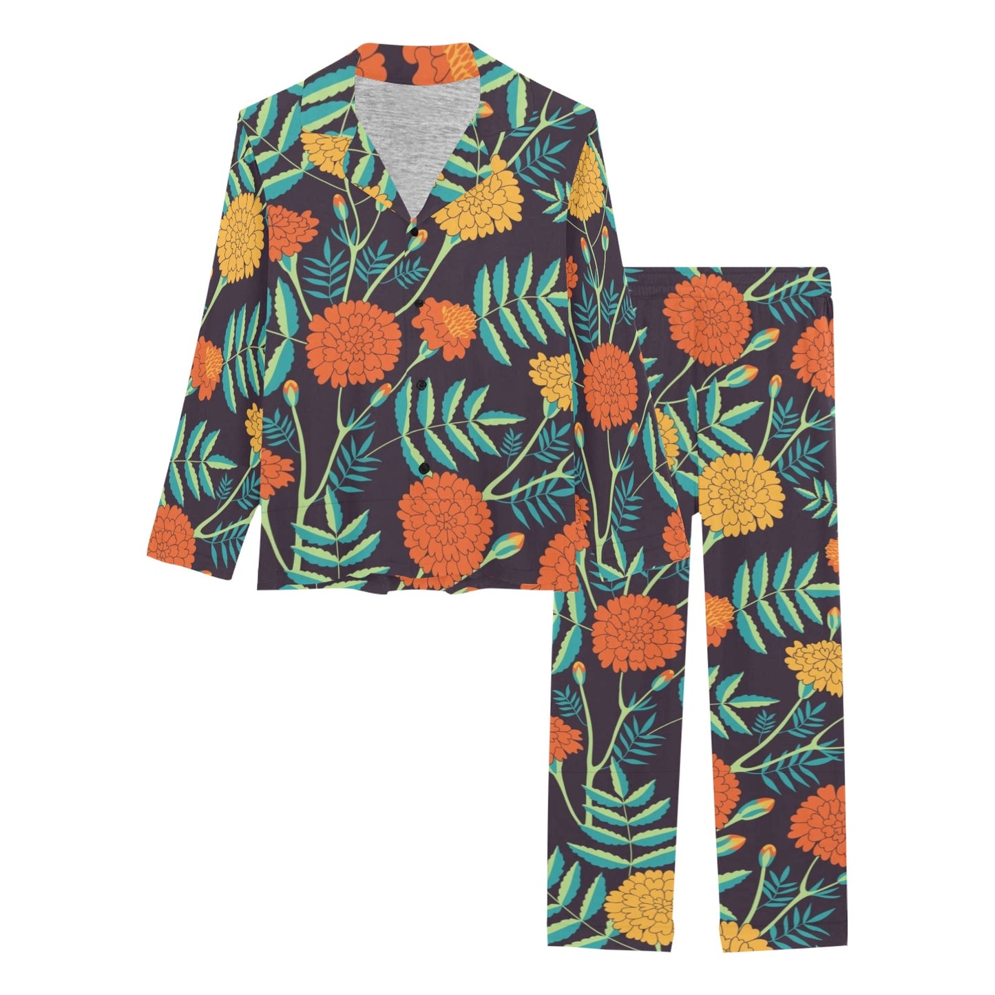 Marigold Pattern Print Design MR01 Women's Long Pajama Set