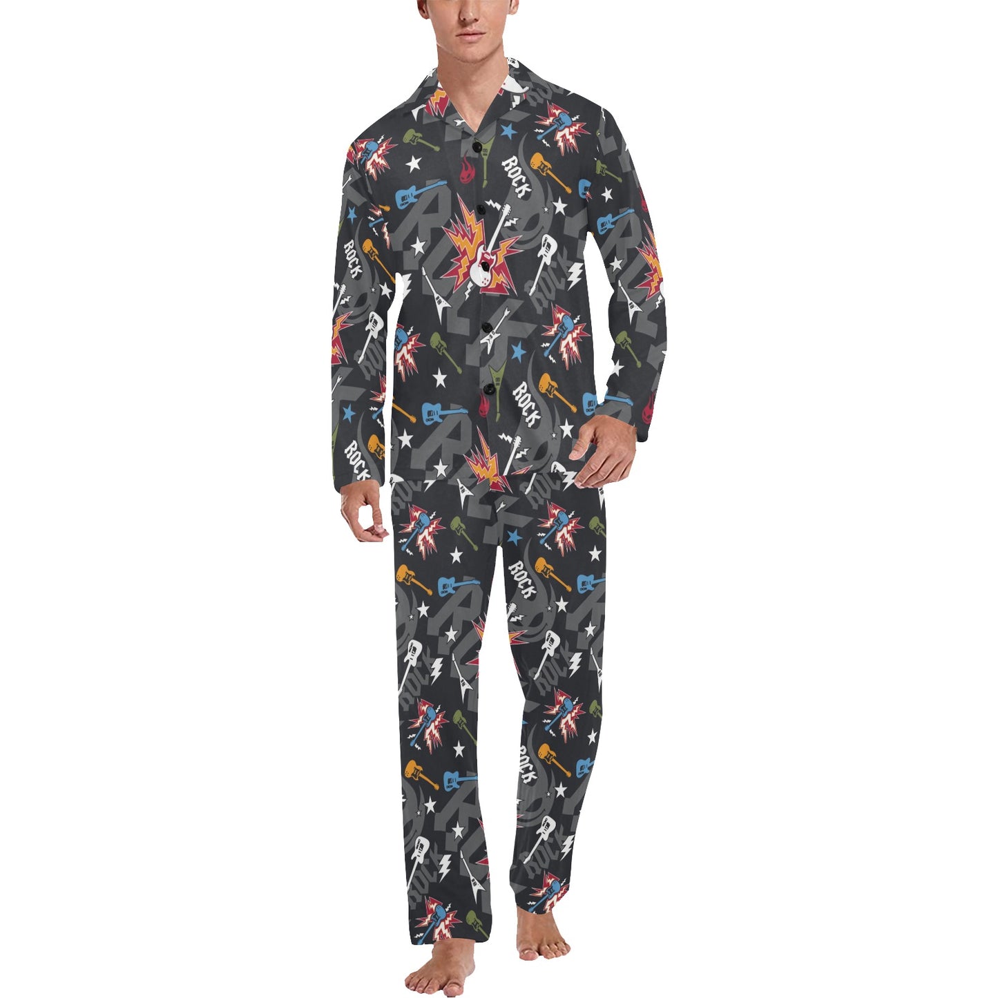 Rock and Roll Pattern Print Design A01 Men's Long Pajama Set