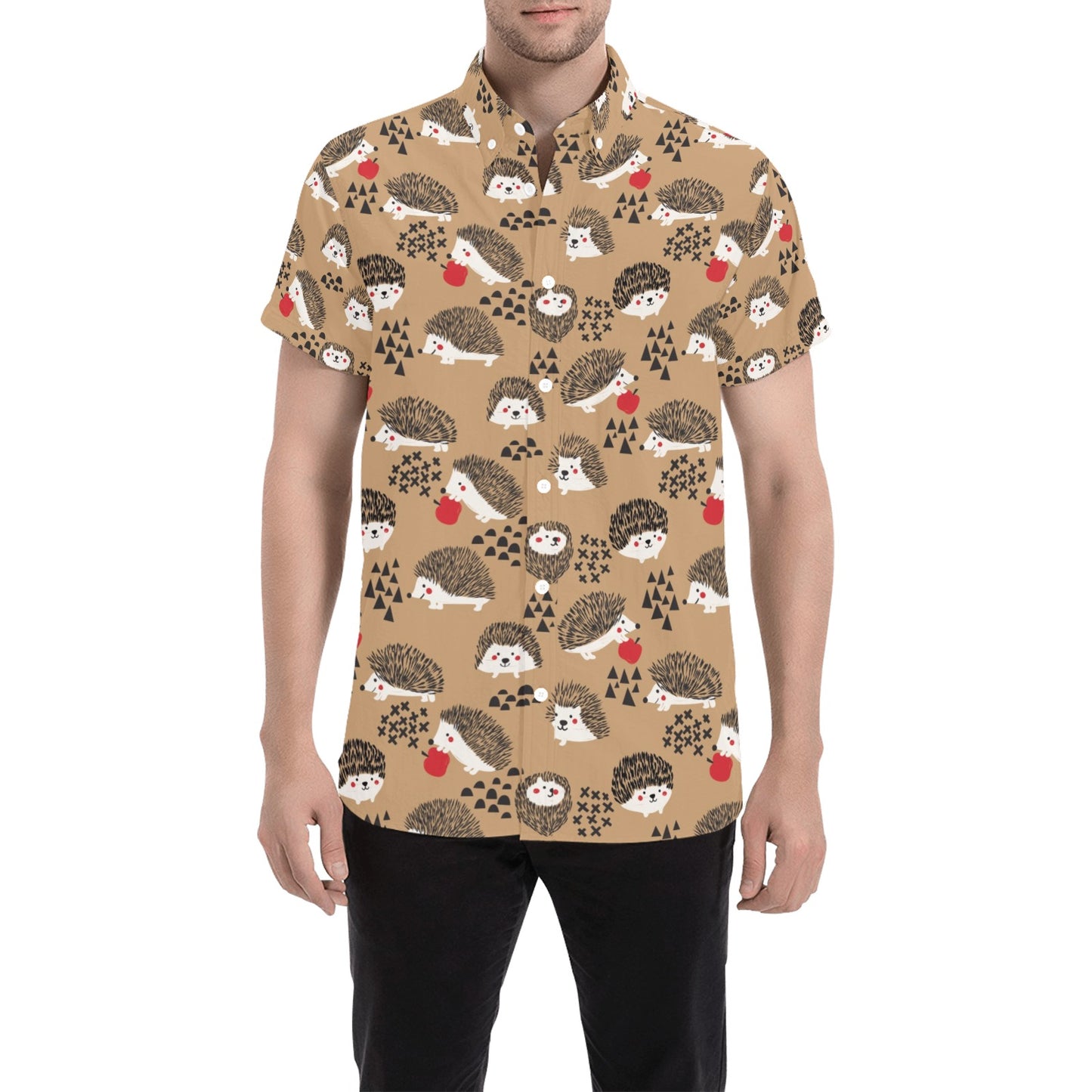 Hedgehog Print Design LKS403 Men Short Sleeve Button Up Shirt