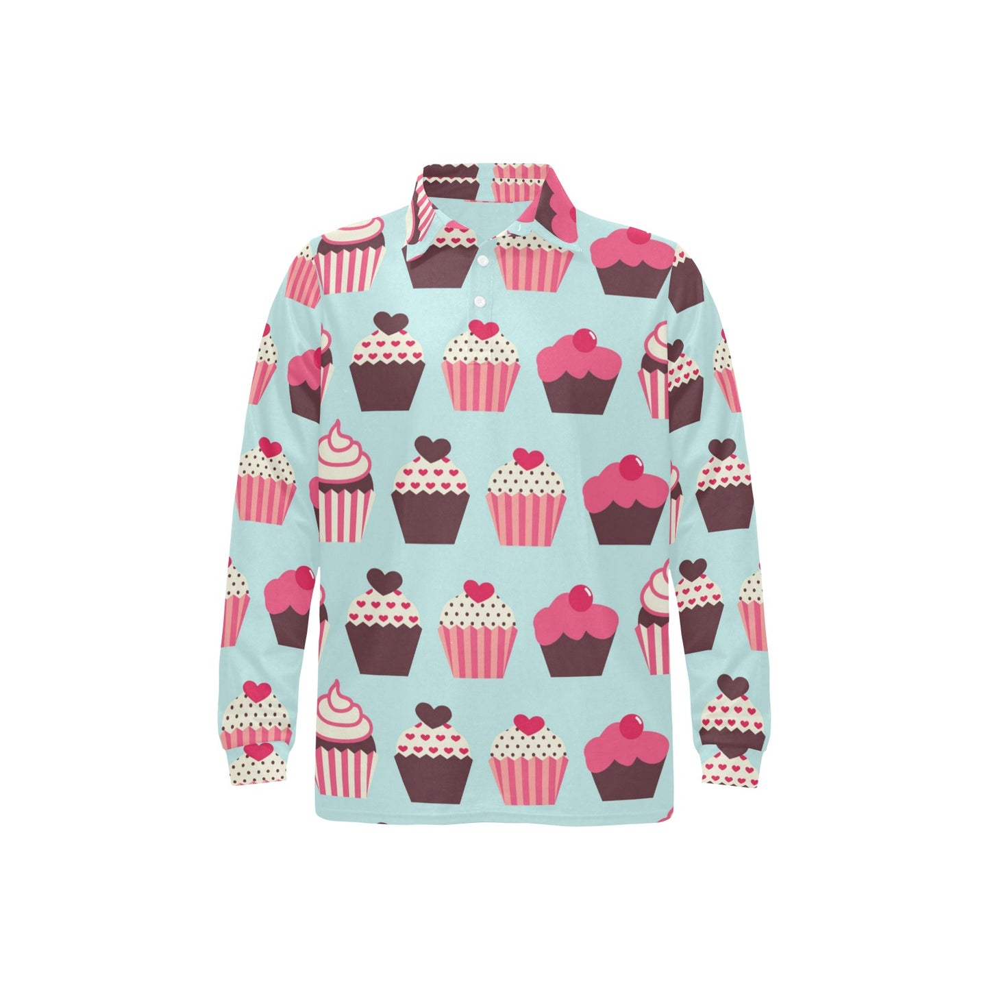 CupCake Print Pattern Long Sleeve Polo Shirt For Men's