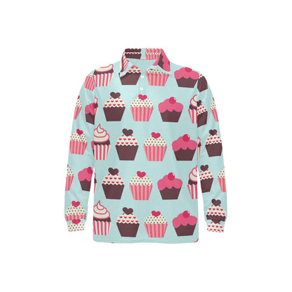 CupCake Print Pattern Long Sleeve Polo Shirt For Men's