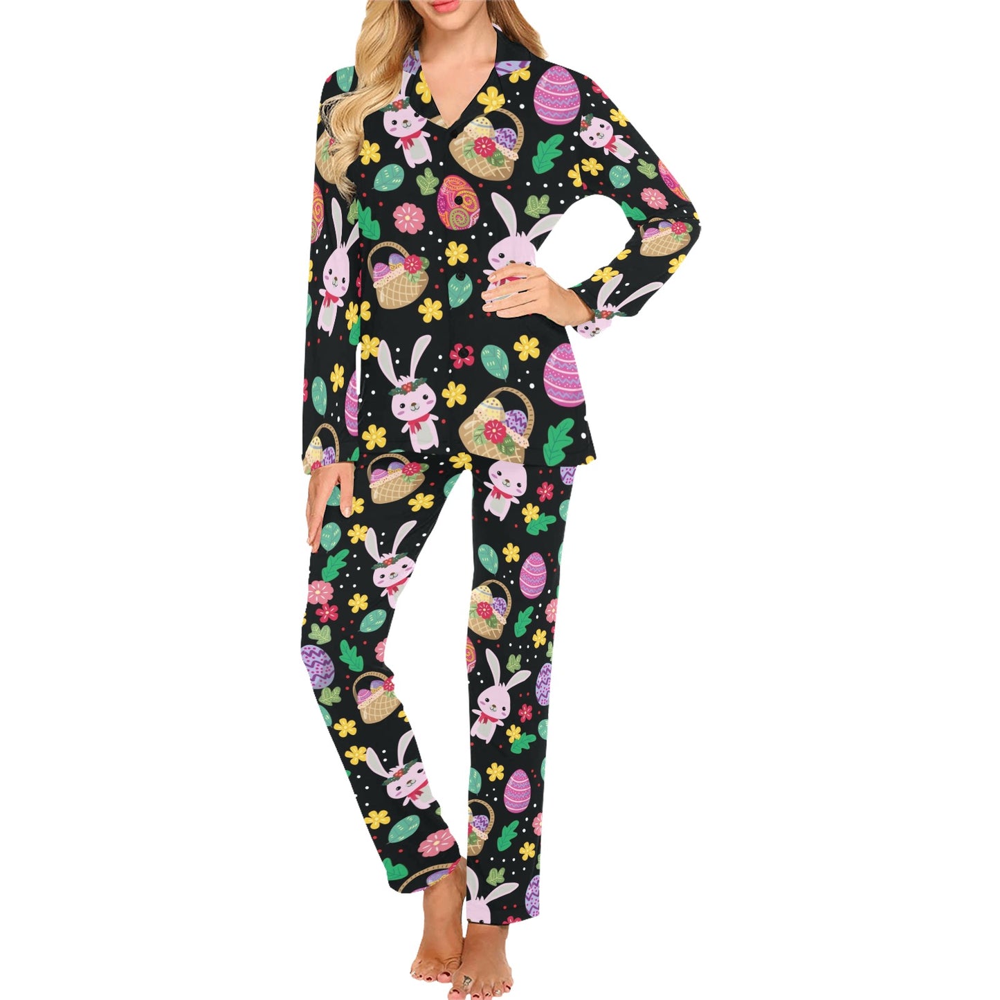 Easter Eggs Pattern Print Design RB05 Women's Long Pajama Set