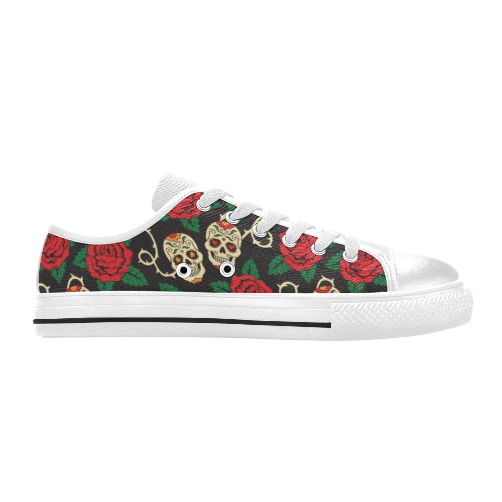 Sugar Skull Red Rose Print Design LKS301 Women's White Low Top Shoes
