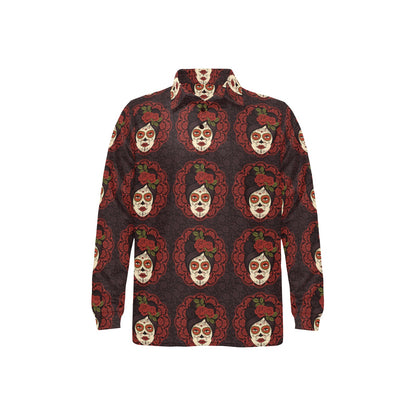 Day of the Dead Mexican Girl Long Sleeve Polo Shirt For Men's