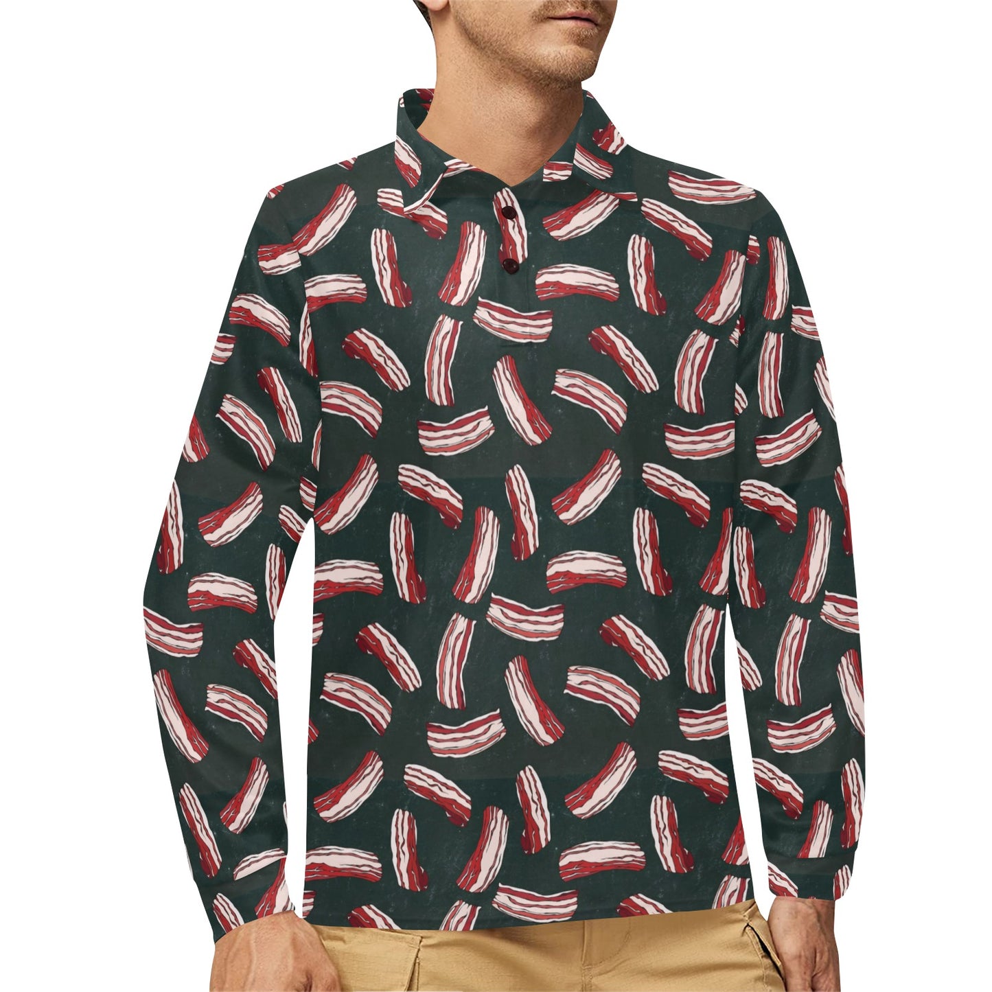 Bacon Pattern Print Design 02 Long Sleeve Polo Shirt For Men's