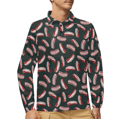 Bacon Pattern Print Design 02 Long Sleeve Polo Shirt For Men's