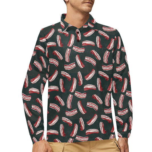 Bacon Pattern Print Design 02 Long Sleeve Polo Shirt For Men's