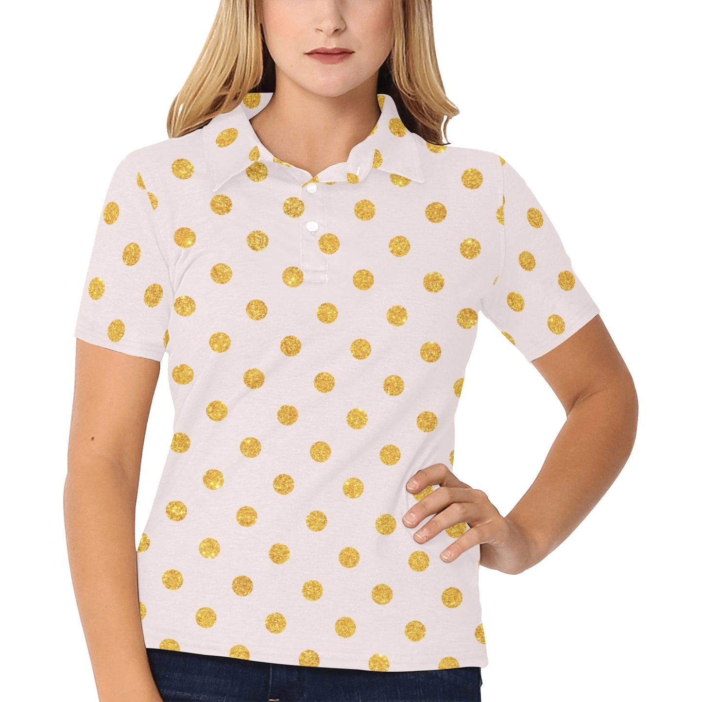 Polka Dot Gold Pink Pattern Print Design 01 Women's Polo Shirt