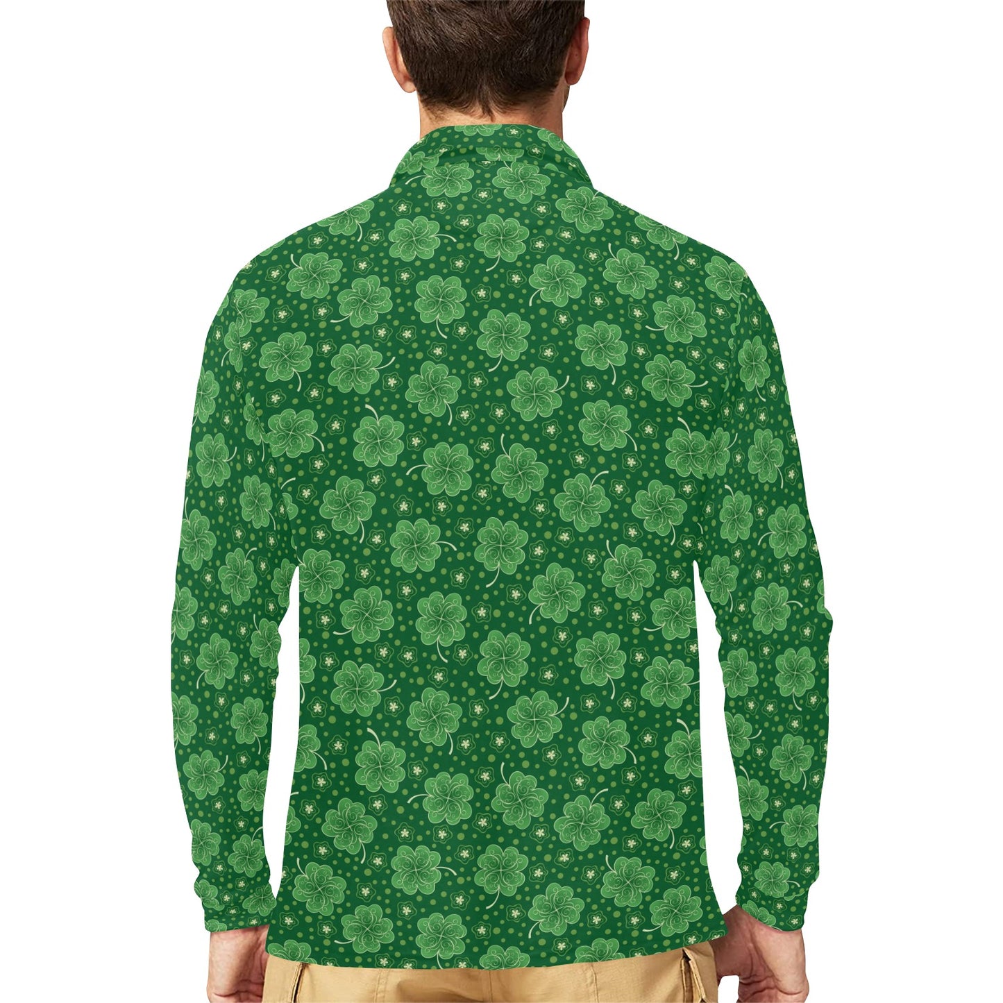 Shamrock Design Print Long Sleeve Polo Shirt For Men's
