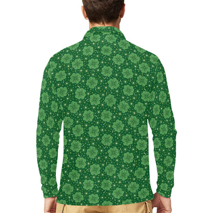 Shamrock Design Print Long Sleeve Polo Shirt For Men's