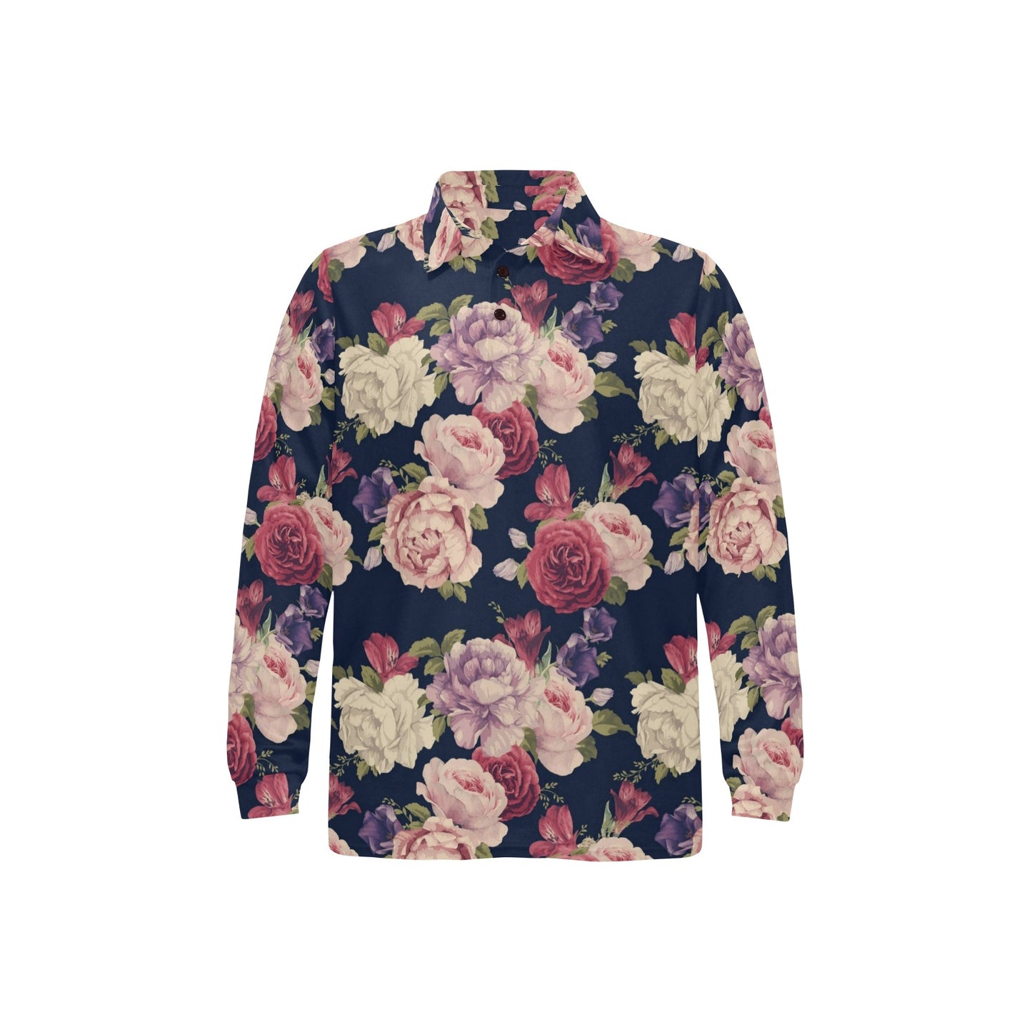 Peony Pattern Print Design PE03 Long Sleeve Polo Shirt For Men's