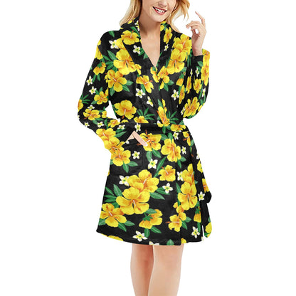 Yellow Hibiscus Pattern Print Design HB08 Women's Fleece Robe