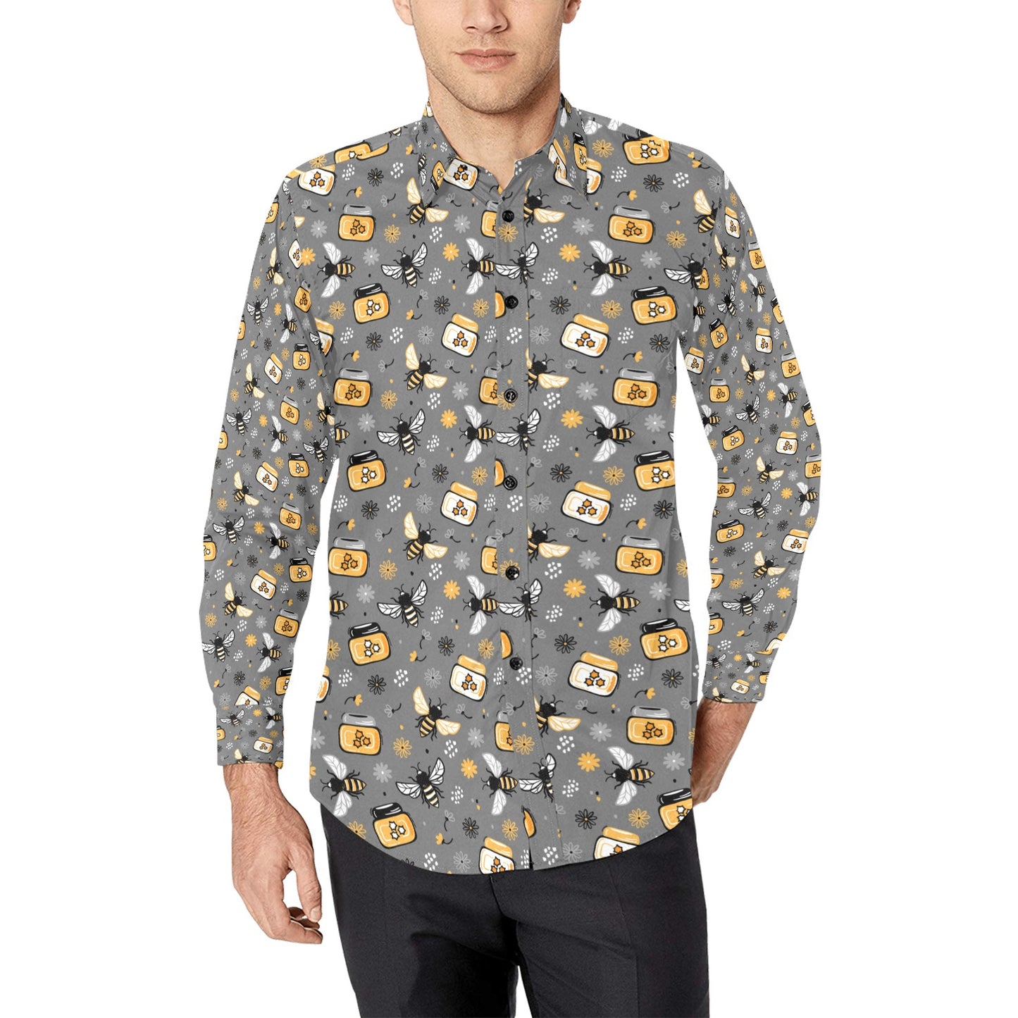 Honey Bee Print Design LKS301 Men's Long Sleeve Dress Shirt