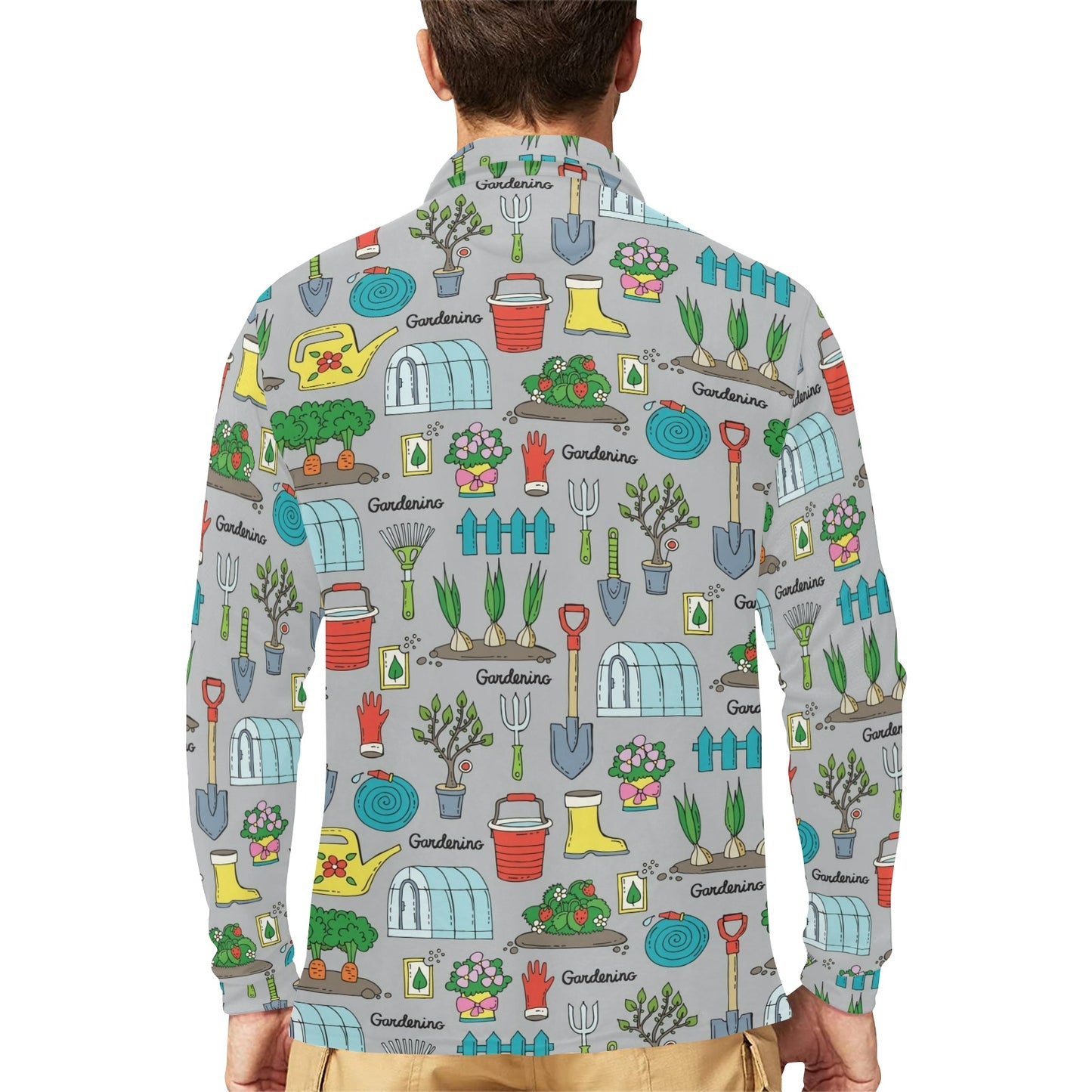 Gardening Pattern Print Design G07 Long Sleeve Polo Shirt For Men's