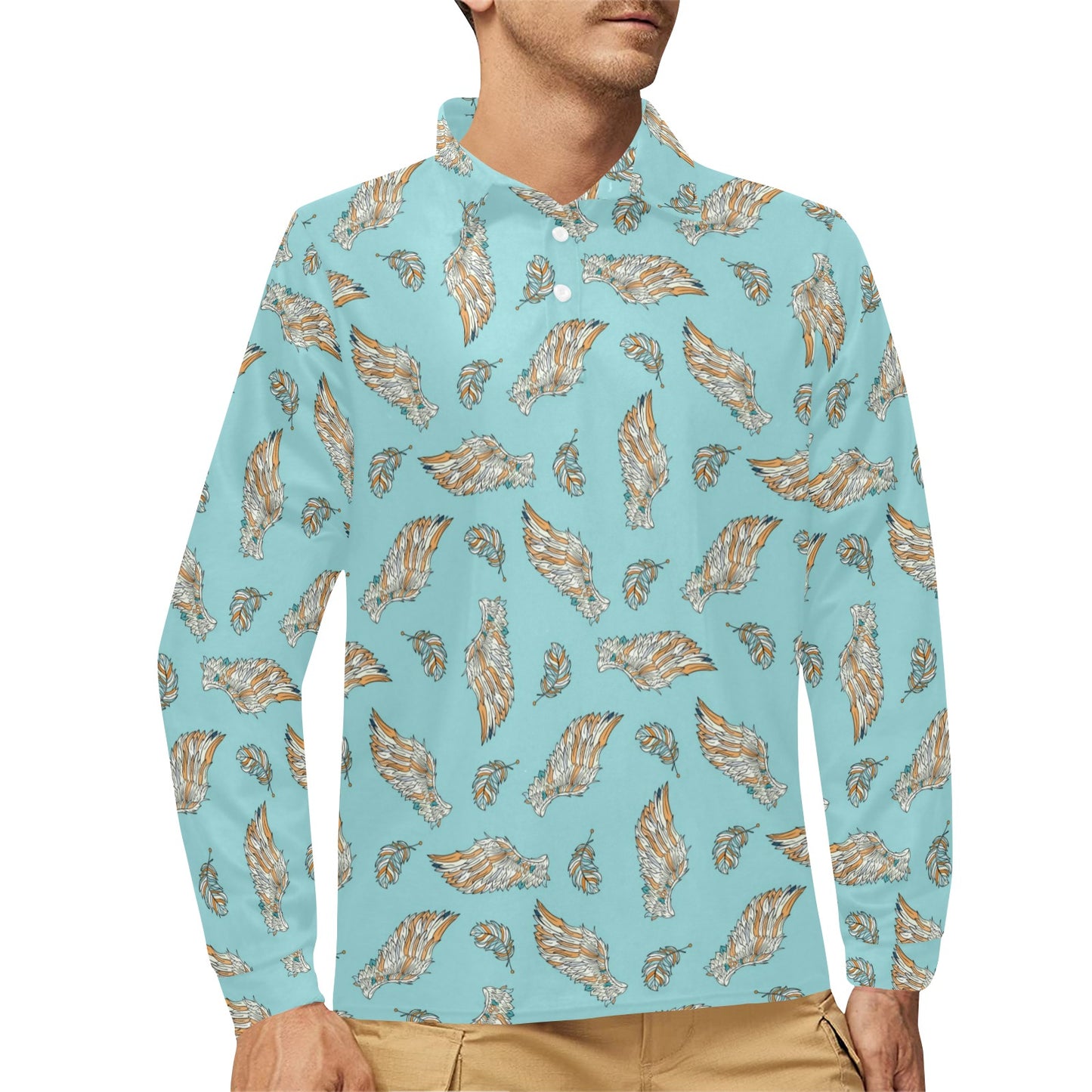 Angel Wings Pattern Print Design 03 Long Sleeve Polo Shirt For Men's